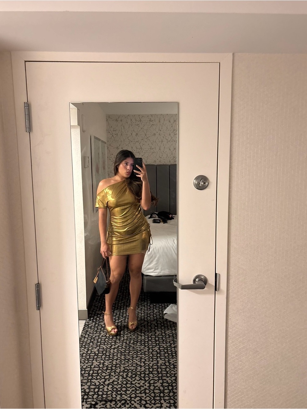 Metallic Gold One-Shoulder Ruched Mini Dress - Picture 2 of 2
